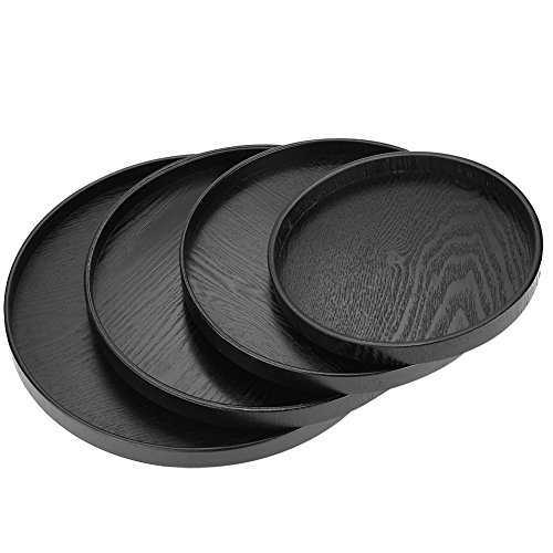 Round Serving Tray, Black Wooden Trays for Tea Coffee Food Place Plate Restaurant (8.27 x 0.79 in)