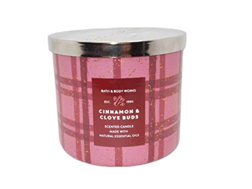 Batgh & Body Works Cinnamon and Clove Buds 3 Wick Candle 14.5 Ounce Pink Red Plaid Label Winter 2021