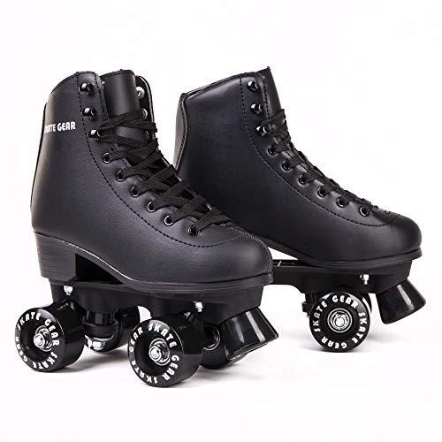 Skate Gear Extra Support Quad Roller Skates for Kids and Adults (Black, Women's 7 / Youth 6 / Men's 6)