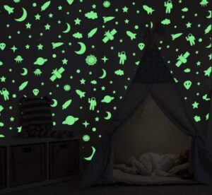 glow in the dark stars, moon and space wall decals for kids bedrooms nursery baby room kids room – stylish glow in the dark decals for wall and ceiling decoration featuring stars, moon and planets