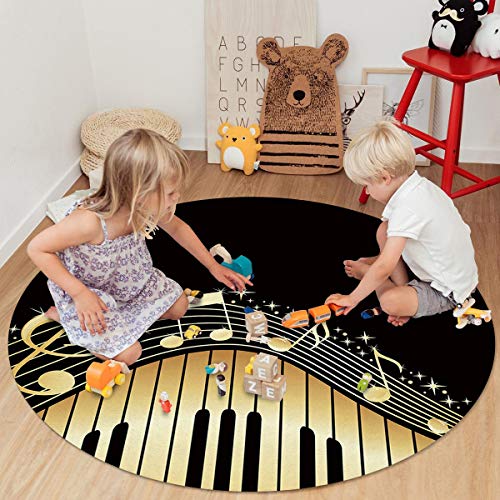 ALAGEO Round Area Rugs Music Piano Key Soft Carpets Indoors/Living Dining/Bedroom/Children Playroom Crawl Rug Floor Mats Yoga Mat, Gold Black 4 ft Diameter