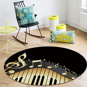 ALAGEO Round Area Rugs Music Piano Key Soft Carpets Indoors/Living Dining/Bedroom/Children Playroom Crawl Rug Floor Mats Yoga Mat, Gold Black 4 ft Diameter