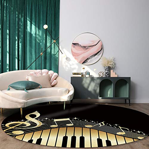 ALAGEO Round Area Rugs Music Piano Key Soft Carpets Indoors/Living Dining/Bedroom/Children Playroom Crawl Rug Floor Mats Yoga Mat, Gold Black 4 ft Diameter