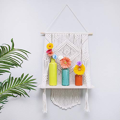 Qmercan Macrame Wall Hanging Shelf - Boho Indoor Hanging Shelves for Wall - Decorative Bohemian Floating Plants Organizer, Handmade Macrame Wooden Rope Woven Shelf for Indoor