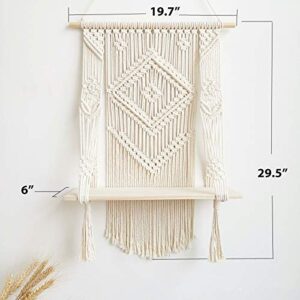 Qmercan Macrame Wall Hanging Shelf - Boho Indoor Hanging Shelves for Wall - Decorative Bohemian Floating Plants Organizer, Handmade Macrame Wooden Rope Woven Shelf for Indoor