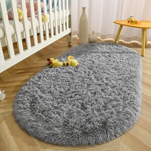 Terrug Super Soft Oval Rugs for Kid's Room, Cute Fluffy Plush Rugs 2.6x5.3 Feet for Girls Bedroom Dorm, Non-Slip Modern Shaggy Carpet for Living Room, Home Decor White for Bedroom Grey