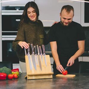 Kitchen Seven Knife Block Magnetic Knife Holder with Powerful Magnet, 100% Pure Bamboo Large Capacity Knife Organizer Block, Double Side Strongly Magnetic Kitchen Utensil Display Stand