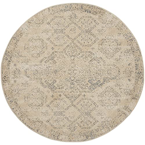 Nourison Tranquil Persian Beige/Grey 4' x round Area -Rug, Easy -Cleaning, Non Shedding, Bed Room, Living Room, Dining Room, Kitchen (4 Round)