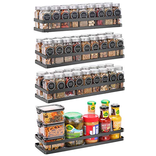 Scnvo Wall Mounted Spice Rack Organizer 4 Pack, Floating Shelves Storage for Pantry Cabinet Door, Sturdy Hanging Seasoning Organizer Jars Storage for Kitchen, Bathroom, Black