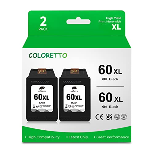 COLORETTO Remanufactured Printer Ink Cartridge Replacement for HP 60XL to use with C4680 D110 Deskjet D2680 D1660 D2530 F2430 F4210（2 Black） Combo Pack