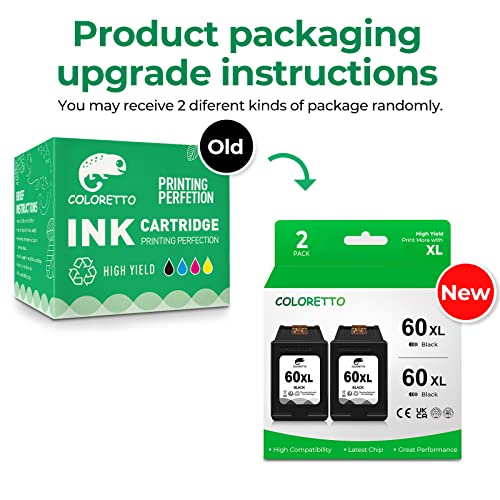 COLORETTO Remanufactured Printer Ink Cartridge Replacement for HP 60XL to use with C4680 D110 Deskjet D2680 D1660 D2530 F2430 F4210（2 Black） Combo Pack