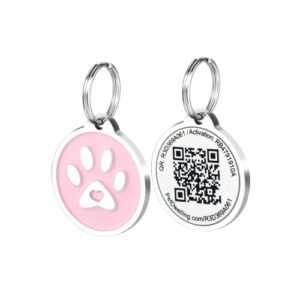 pet dwelling premium qr code pet id tags - dog tags and cat tags, connect to online pet profile, receive instant scanned tag location email alert(pink paw)