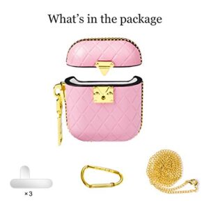WEISHIJIE Case for AirPods 1, AirPods 2, Genuine Leather AirPods Case with Argyle Pattern & Electroplating Metal Keychain & Gold Buckle (Pink)