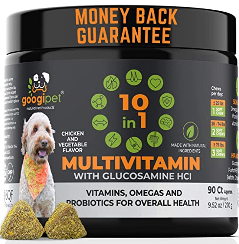 Googipet 10 in 1 Dog Multivitamin with Dog Probiotics for Gut Health, Dog Vitamins and Supplements with MSM & Glucosamine for Dogs Hip & Joint Support - Chondroitin & Omega 3 Fish Oil for Skin & Coat