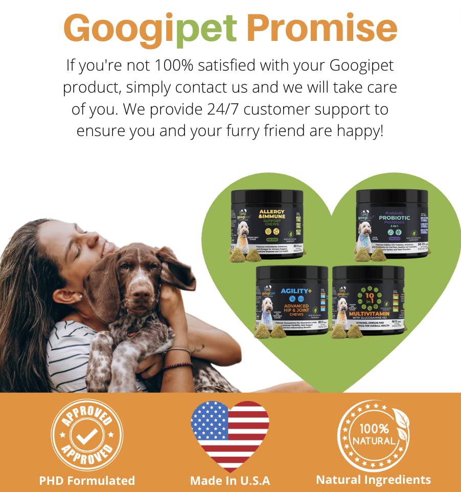 Googipet 10 in 1 Dog Multivitamin with Dog Probiotics for Gut Health, Dog Vitamins and Supplements with MSM & Glucosamine for Dogs Hip & Joint Support - Chondroitin & Omega 3 Fish Oil for Skin & Coat