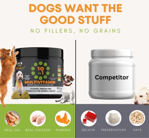 Googipet 10 in 1 Dog Multivitamin with Dog Probiotics for Gut Health, Dog Vitamins and Supplements with MSM & Glucosamine for Dogs Hip & Joint Support - Chondroitin & Omega 3 Fish Oil for Skin & Coat