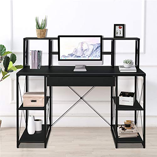 SSLine Computer Desk with Drawer and Hutch Wood&Metal Home Study Writing Table w/Open Shelves Modern Simple PC Laptop Desk Office Workstation - Black /47" L x 24" H x 41" H