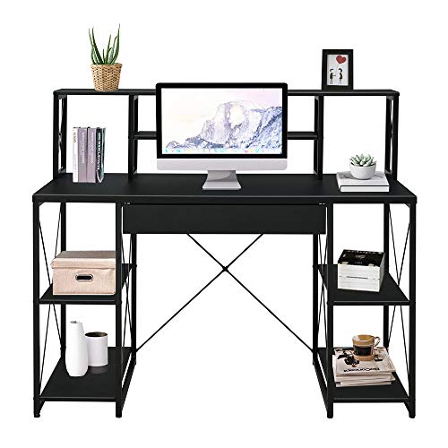 SSLine Computer Desk with Drawer and Hutch Wood&Metal Home Study Writing Table w/Open Shelves Modern Simple PC Laptop Desk Office Workstation - Black /47" L x 24" H x 41" H