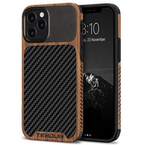 tendlin compatible with iphone 12 pro max case wood grain with carbon fiber texture design leather hybrid case black