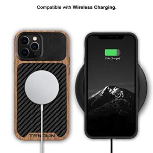 TENDLIN Compatible with iPhone 12 Pro Max Case Wood Grain with Carbon Fiber Texture Design Leather Hybrid Case Black