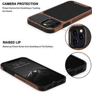 TENDLIN Compatible with iPhone 12 Pro Max Case Wood Grain with Carbon Fiber Texture Design Leather Hybrid Case Black