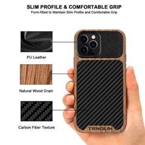 TENDLIN Compatible with iPhone 12 Pro Max Case Wood Grain with Carbon Fiber Texture Design Leather Hybrid Case Black