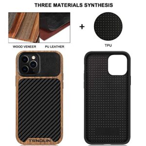 TENDLIN Compatible with iPhone 12 Pro Max Case Wood Grain with Carbon Fiber Texture Design Leather Hybrid Case Black