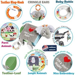 Baby Books Toys,Soft Cloth Crinkle Books for Babies Infants Toddler, Elephant Baby Gifts Teething Toys, Jungle Education Bunny Toys for 0-6 Months 1 Year Old Boy Girl,Stuffed Plush Book Touch and Feel