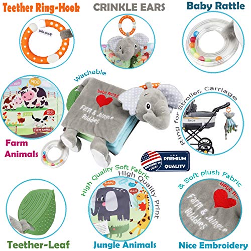 Baby Books Toys,Soft Cloth Crinkle Books for Babies Infants Toddler, Elephant Baby Gifts Teething Toys, Jungle Education Bunny Toys for 0-6 Months 1 Year Old Boy Girl,Stuffed Plush Book Touch and Feel