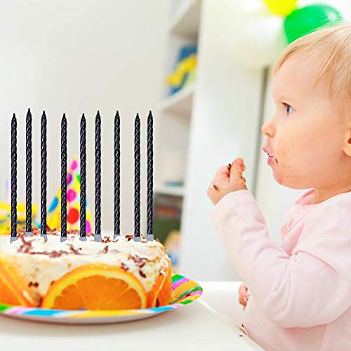Black Tall Spiral Bday Candles for Cake Decoration 27 Pcs Long Thin Birthday Cake Candles in Holders for Party Wedding Cupcake Decoration Happy Fancy Candles for Kids 27th