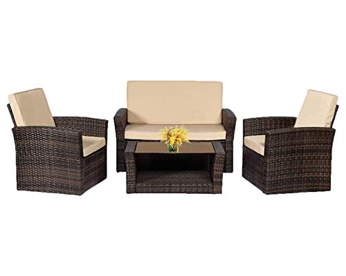 PayLessHere Rattan Chair Outdoor Backyard Porch Poolside Balcony Garden Furniture with Coffee Table, Brown