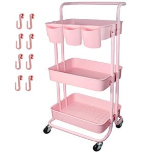 piowio 3 tier utility rolling cart multifunction organizer shelf storage cart with 3 pieces cups and 8 pieces hooks for home kitchen bathroom laundry room office store etc. (pink)