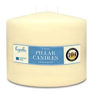 HYOOLA Ivory Three Wick Large Candle - 6 x 4.75 Inch - Unscented Big Pillar Candles - 104 Hour - European Made