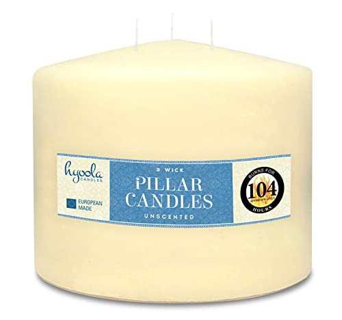 HYOOLA Ivory Three Wick Large Candle - 6 x 4.75 Inch - Unscented Big Pillar Candles - 104 Hour - European Made