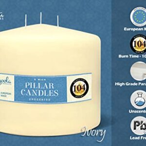 HYOOLA Ivory Three Wick Large Candle - 6 x 4.75 Inch - Unscented Big Pillar Candles - 104 Hour - European Made