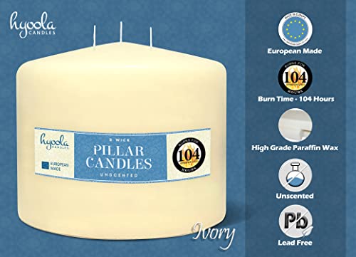 HYOOLA Ivory Three Wick Large Candle - 6 x 4.75 Inch - Unscented Big Pillar Candles - 104 Hour - European Made