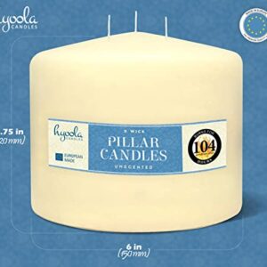 HYOOLA Ivory Three Wick Large Candle - 6 x 4.75 Inch - Unscented Big Pillar Candles - 104 Hour - European Made