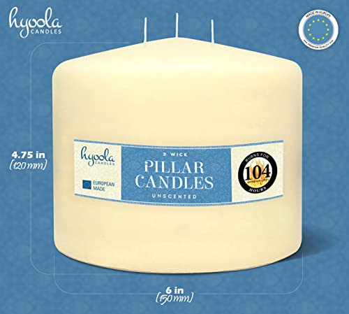 HYOOLA Ivory Three Wick Large Candle - 6 x 4.75 Inch - Unscented Big Pillar Candles - 104 Hour - European Made