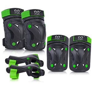 boruizhen kids/youth knee and elbow pads with wrist guards protective gear set for skating skateboarding cycling biking scooter and multi sports (black/green, medium (8-14 years))