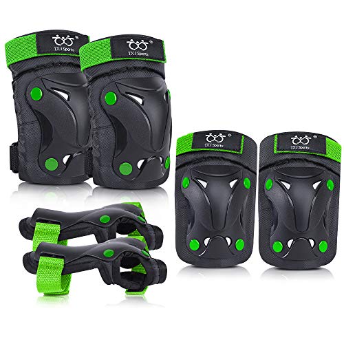 boruizhen Kids/Youth knee and Elbow Pads with Wrist Guards Protective Gear Set for Skating Skateboarding Cycling Biking Scooter and Multi Sports (Black/Green, Medium (8-14 years))