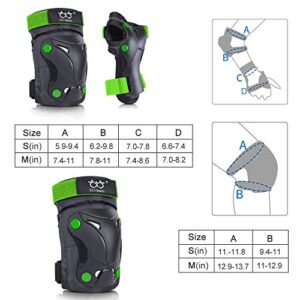 boruizhen Kids/Youth knee and Elbow Pads with Wrist Guards Protective Gear Set for Skating Skateboarding Cycling Biking Scooter and Multi Sports (Black/Green, Medium (8-14 years))