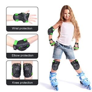 boruizhen Kids/Youth knee and Elbow Pads with Wrist Guards Protective Gear Set for Skating Skateboarding Cycling Biking Scooter and Multi Sports (Black/Green, Medium (8-14 years))