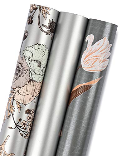 MAYPLUSS Wrapping Paper Roll - Mini Roll - 17 inch X 120 inch Per roll - 3 Different Silver Design (42.3 sq.ft.ttl)