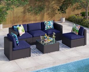 mfstudio 6 piece patio rattan furniture set outdoor wicker sectional sofa conversation set,navy blue cushions