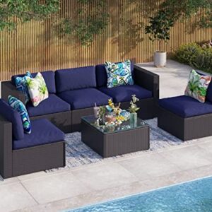 MFSTUDIO 6 Piece Patio Rattan Furniture Set Outdoor Wicker Sectional Sofa Conversation Set,Navy Blue Cushions