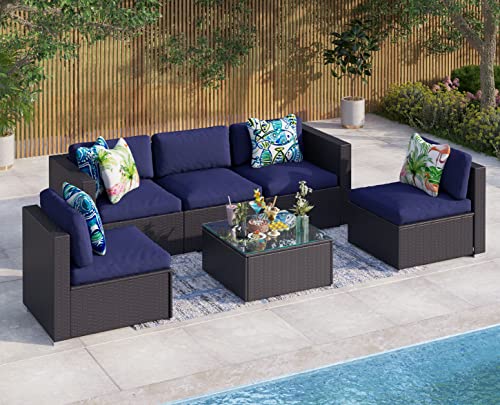 MFSTUDIO 6 Piece Patio Rattan Furniture Set Outdoor Wicker Sectional Sofa Conversation Set,Navy Blue Cushions