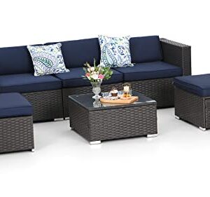 MFSTUDIO 6 Piece Patio Rattan Furniture Set Outdoor Wicker Sectional Sofa Conversation Set,Navy Blue Cushions