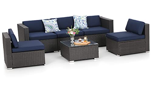 MFSTUDIO 6 Piece Patio Rattan Furniture Set Outdoor Wicker Sectional Sofa Conversation Set,Navy Blue Cushions