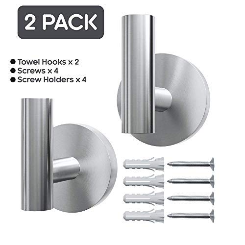 Brushed Nickel Bathroom Towel Hooks Rust Proof Stainless Steel Heavy Duty Clothes Coat Robe Holders 2 Pack Wall Mounted Hooks for Bedroom Kitchen Hotel Outdoor