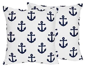 sweet jojo designs navy blue white anchors decorative accent throw pillows - set of 2 - nautical theme ocean sailboat sea marine sailor anchor unisex gender neutral
